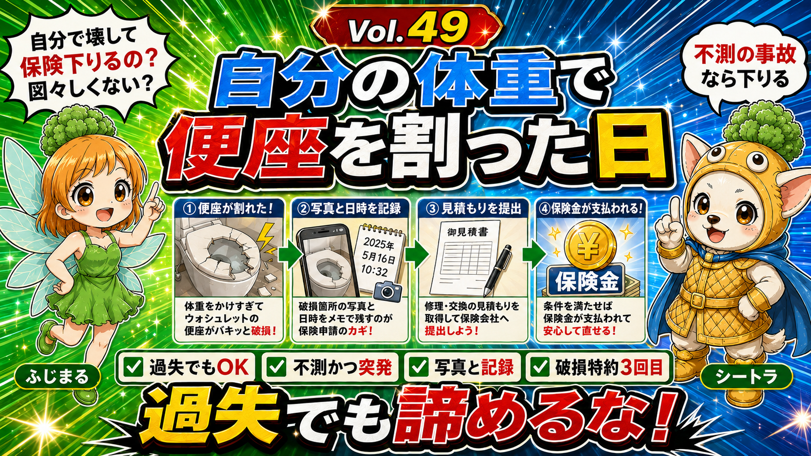 入居8年目、温水洗浄便座に体重をかけた瞬間に便座がパキッと割れてしまった——自分の不注意による破損でも火災保険の破損・汚損特約で『不測かつ突発的な事故』と認められ、写真・日付・説明文から着金まで保険金が下りる手順を時系列でたどったVol.49アイキャッチ