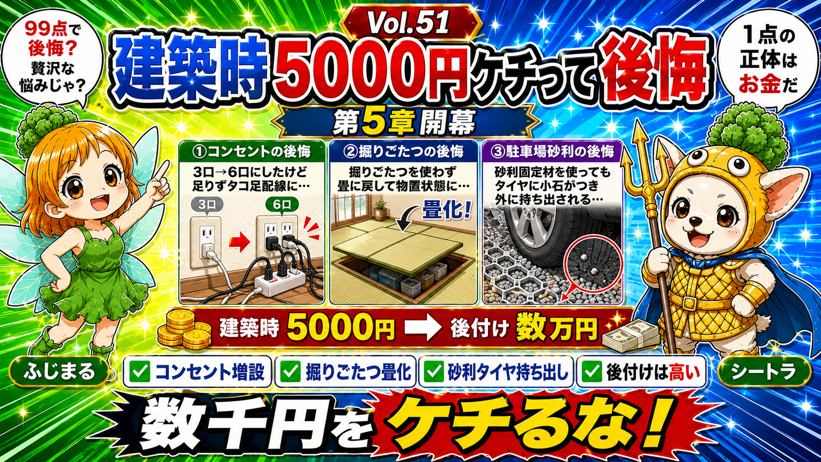 家には99点満足。でもその1点に小さな後悔がある——建築時なら5000円、後付けだと数万円。8年住んで分かった『後付けは高くつく』小さな判断TOP3（コンセント3口→6口・掘りごたつ・駐車場の砂利）を、これから建てる人への贈り物として語る第5章開幕Vol.51のアイキャッチ