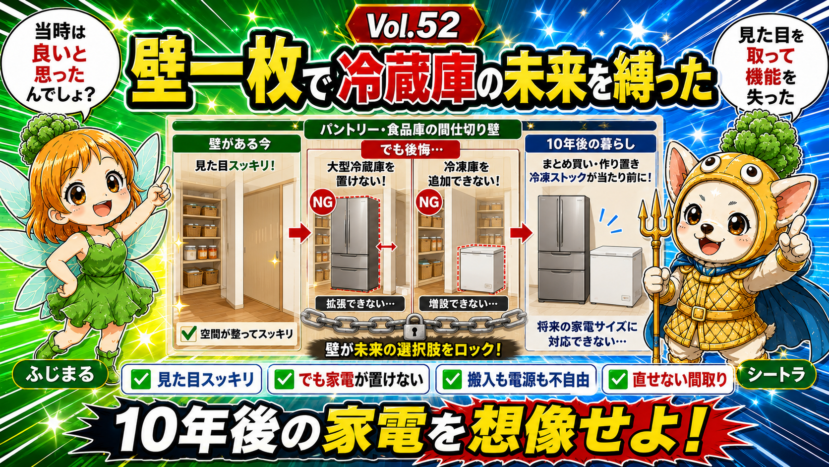 フードストッカー（食品庫）を壁で仕切って隠したら、生活感が消えてスッキリ満足。でも8年後、家族構成と買い物スタイルが変わり、冷蔵庫を大きくしたくても冷凍庫を足したくても置けない——仕切り壁がサイズ・搬入・電源の自由を奪った『お金でも気軽には直せない間取りの後悔』を語る第5章Vol.52のアイキャッチ