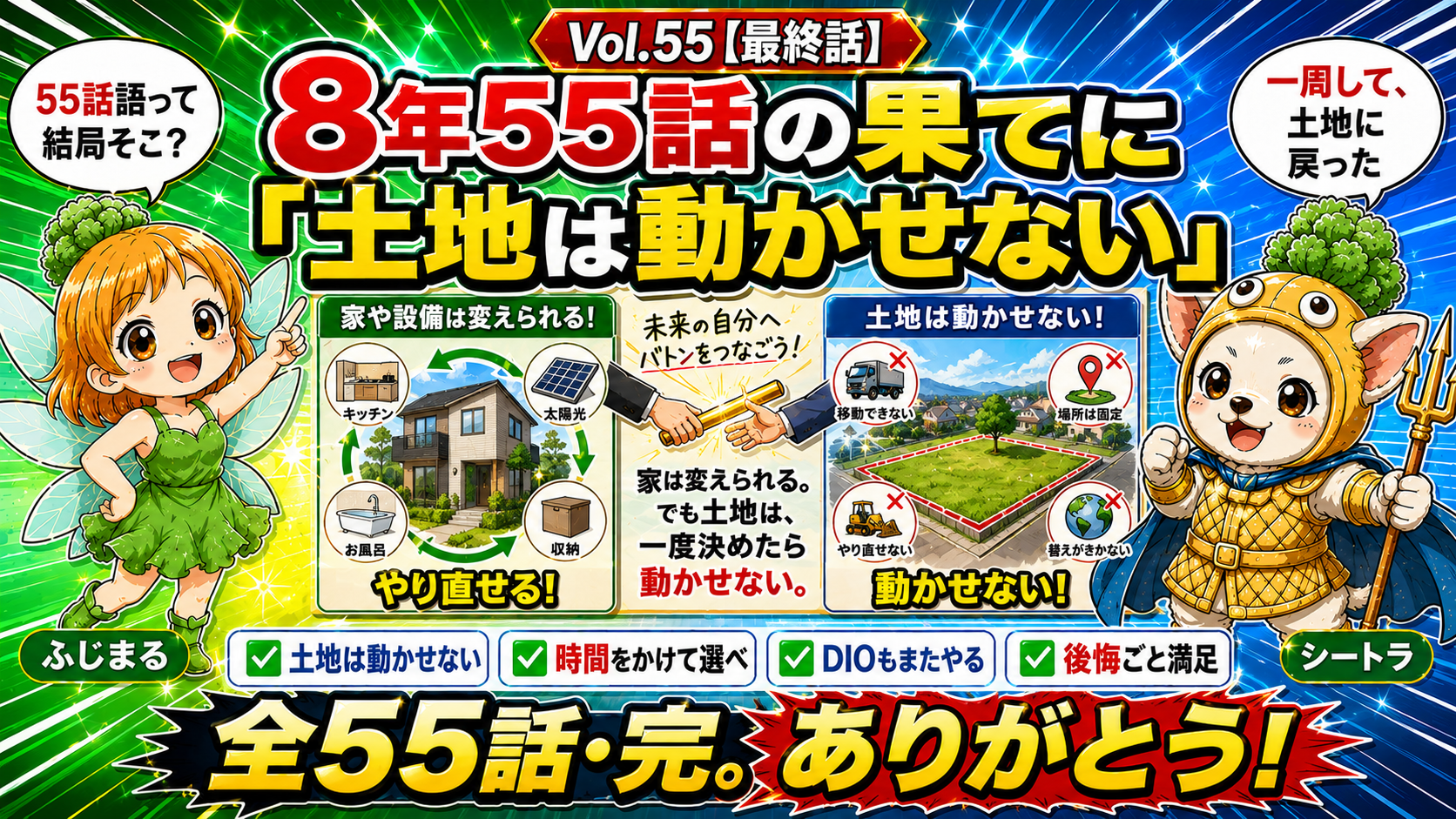勇者シートラの住宅大冒険・最終話Vol.55のアイキャッチ。8年・55話を語り終えた施主が、契約前の自分に一つだけ手紙を書くなら『土地は、動かせない』と伝える。家は建て替えられる、設備は替えられる、でも土地だけは動かせない——だから時間をかけて選べという、シリーズ最大の教訓を象徴するイメージ