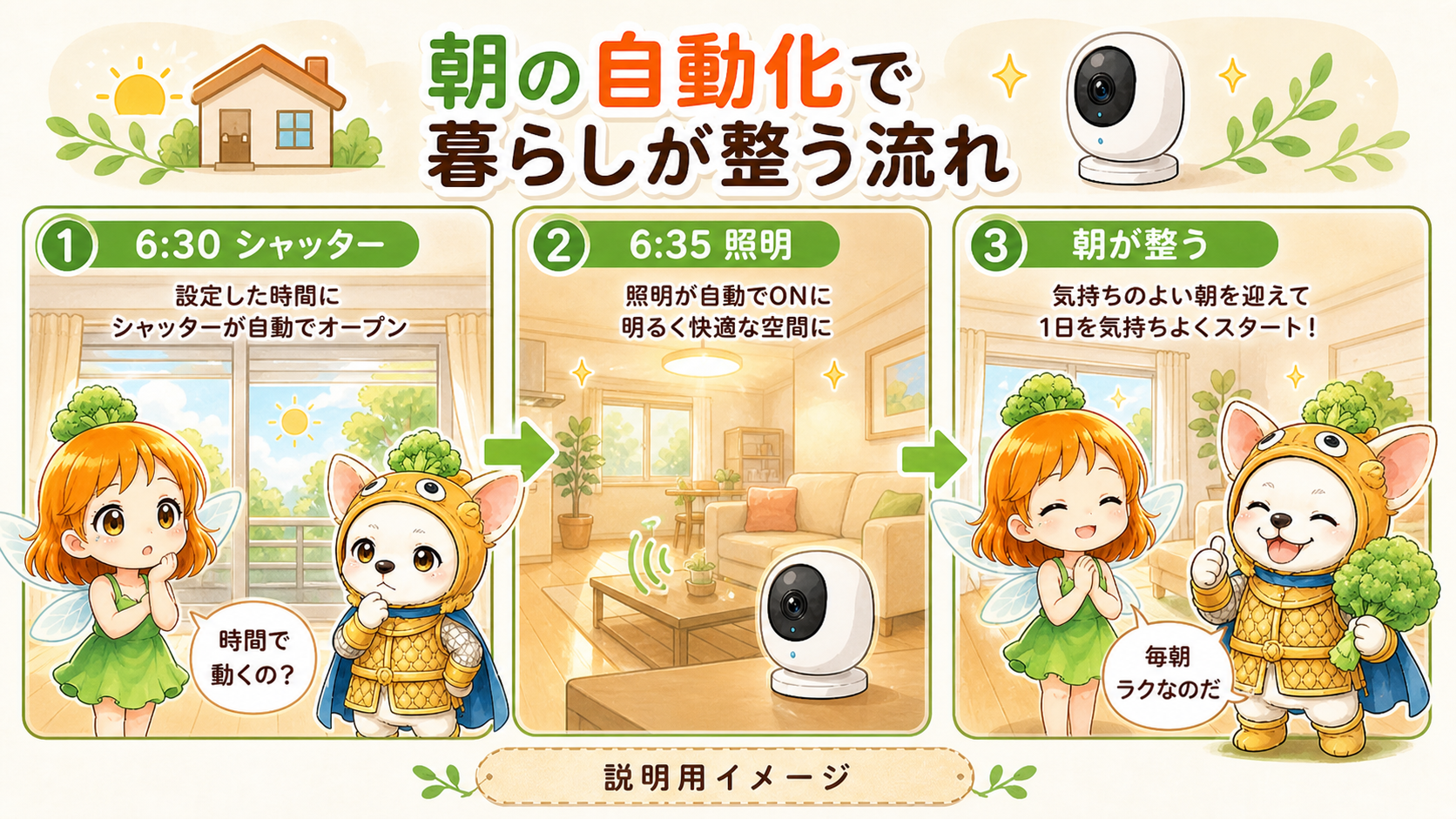 6時30分シャッター、6時35分照明、朝が整う流れの説明用イメージ