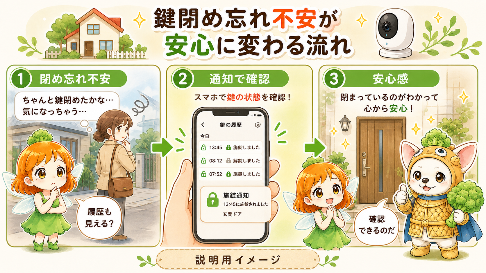 鍵閉め忘れの不安が通知確認で安心に変わる流れの説明用イメージ