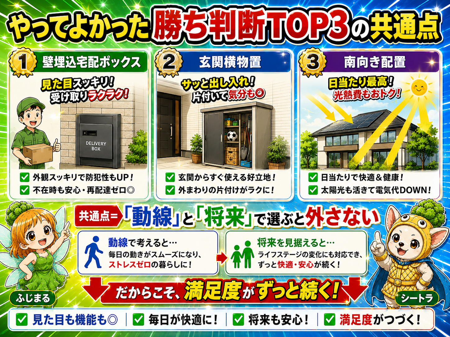 8年使って『やってよかった』勝ち判断TOP3を1枚にまとめた図——1位は壁埋め込み宅配ボックス（対面なし・外に出ず受け取る・再配達ゼロ）、2位は玄関横の大型物置（台風時の自転車や季節物がすぐしまえる動線の良さ）、3位は南向きの日当たり配置（洗濯・明るさ・冬の暖かさ）。派手ではないが毎日効く地味な勝ち判断であることを示す説明用イメージ