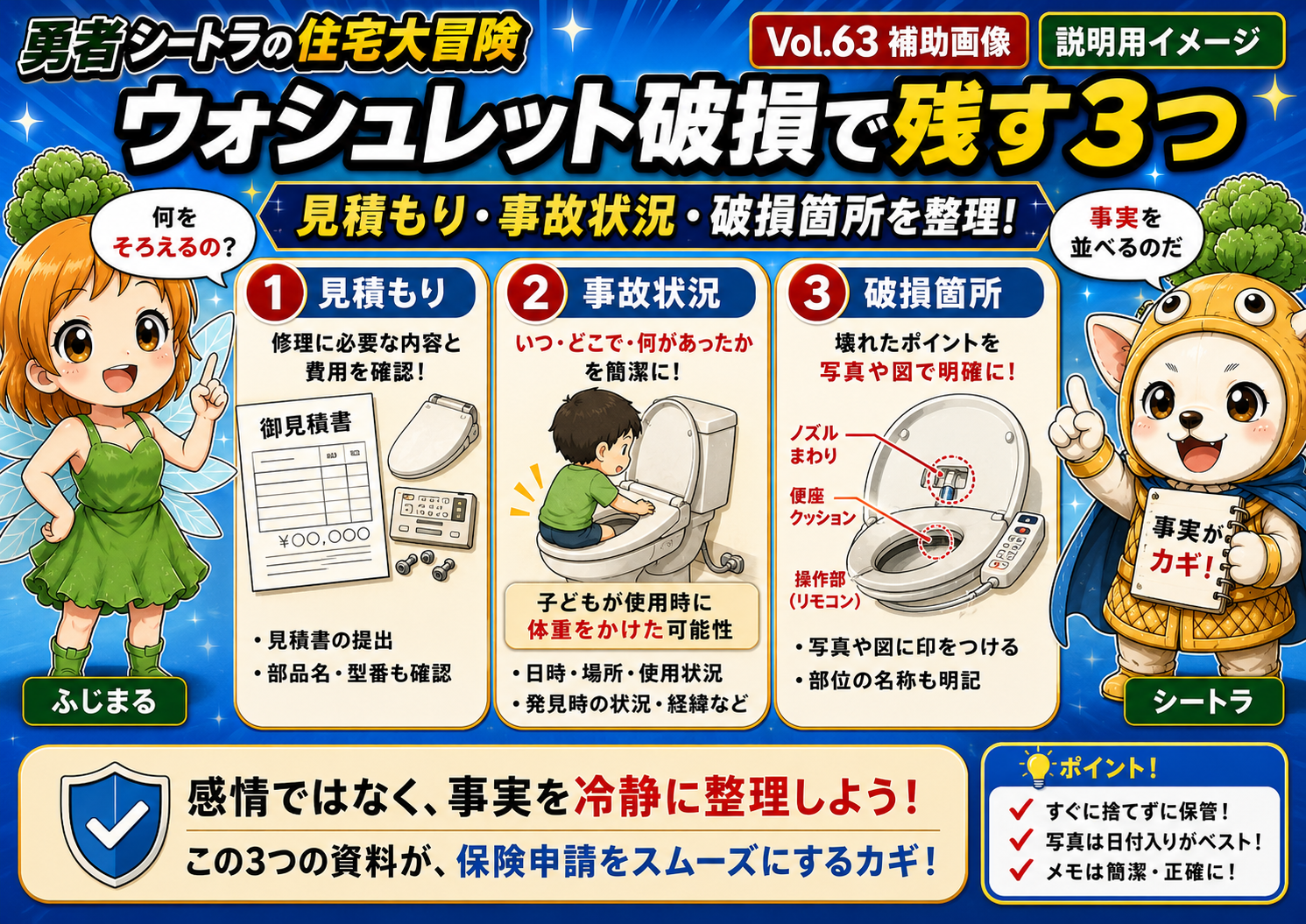 Vol.63 ウォシュレット破損で残すべき3つの材料を整理した説明用イメージ